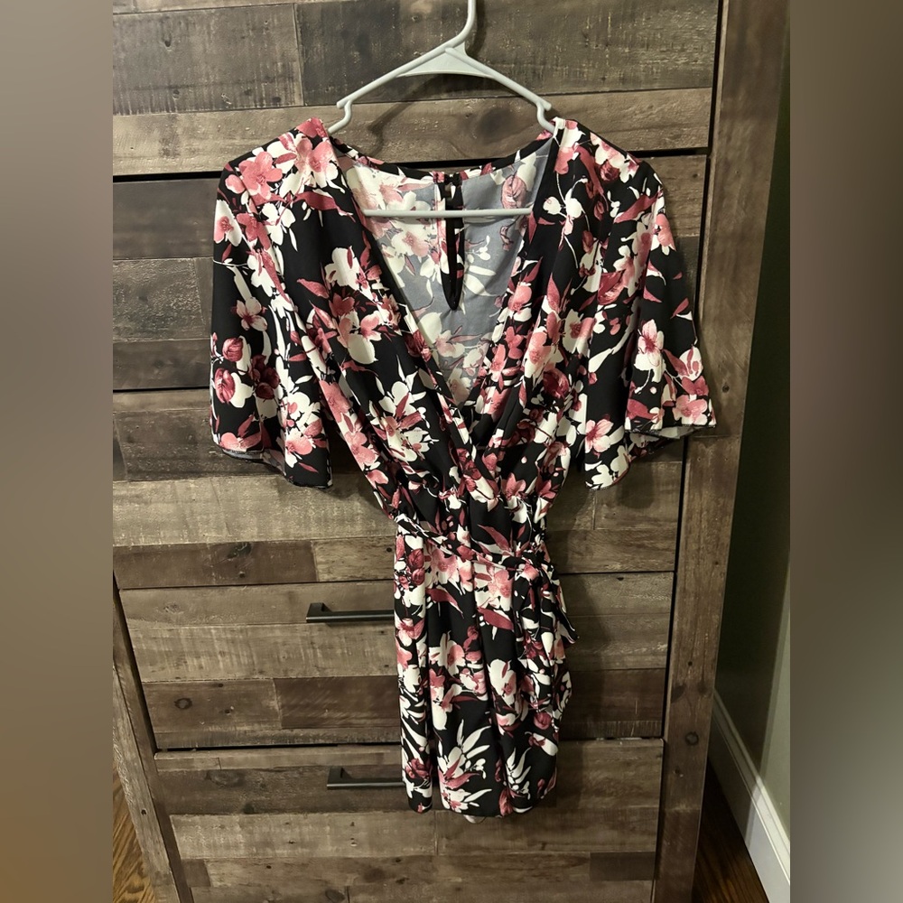 Black Floral Wrap Romper with Pink and Cream Blooms
